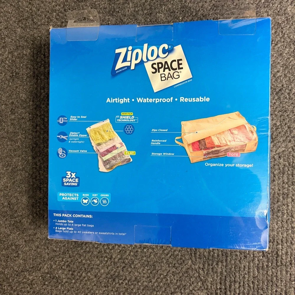Ziploc Space Bag 5 Piece Set 1 Jumbo Tote 4 Large Flat Bags Vacuum Storage New